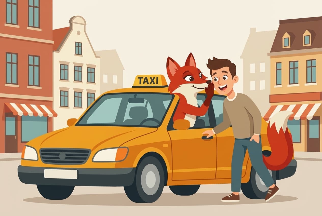 Der Fuchs flüstert einem Fahrgast neben dem Taxi den fairen Preis zu